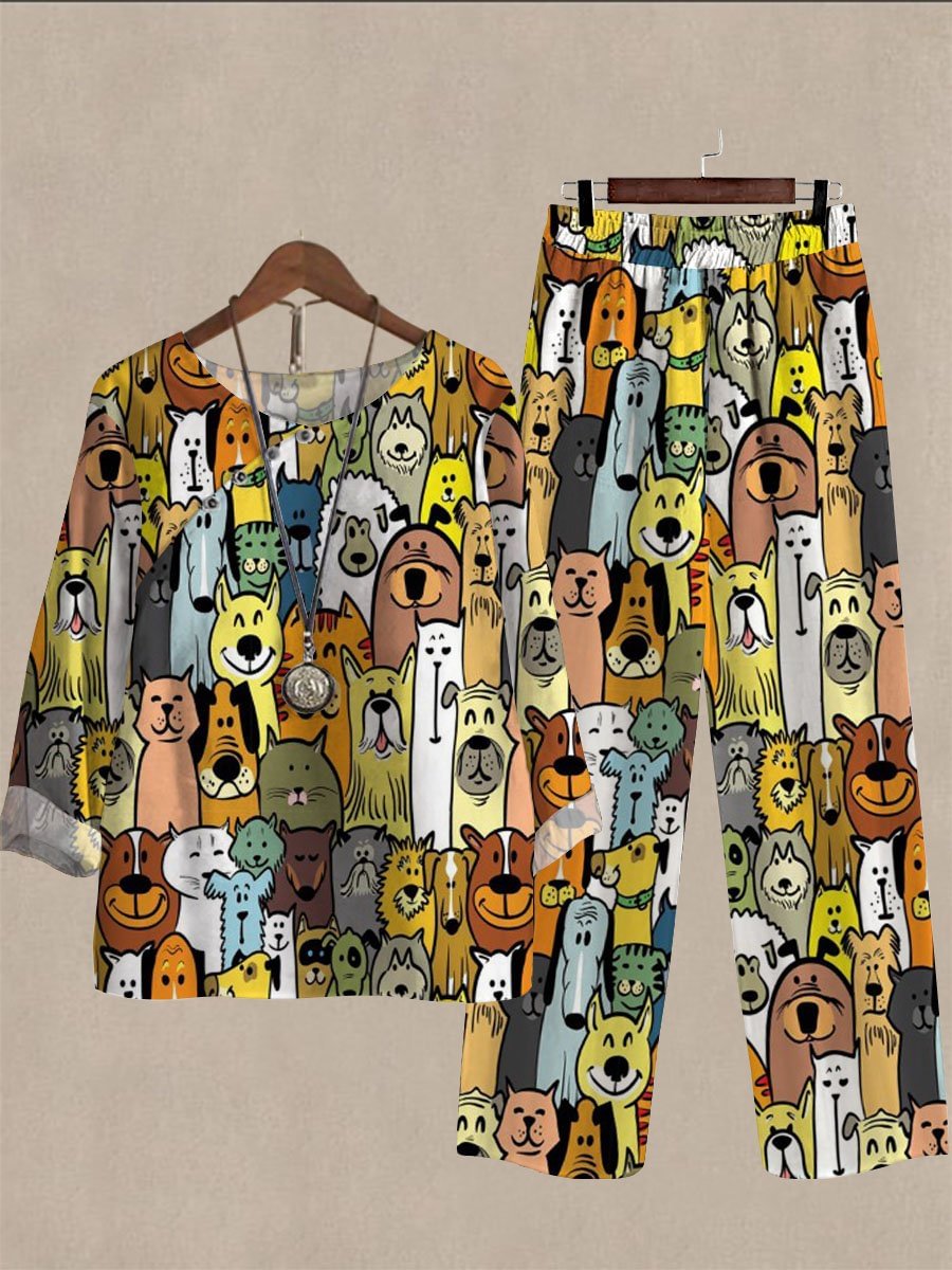 Spring And Autumn Multicolor Cartoon Puppy Print Two-piece Suits