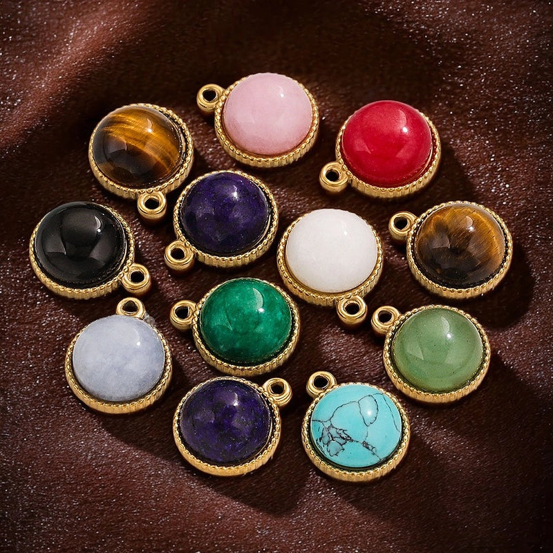 3 Pieces 13*10mm 14mm 304 Stainless Steel Natural Stone Round Pendant Jewelry Accessories