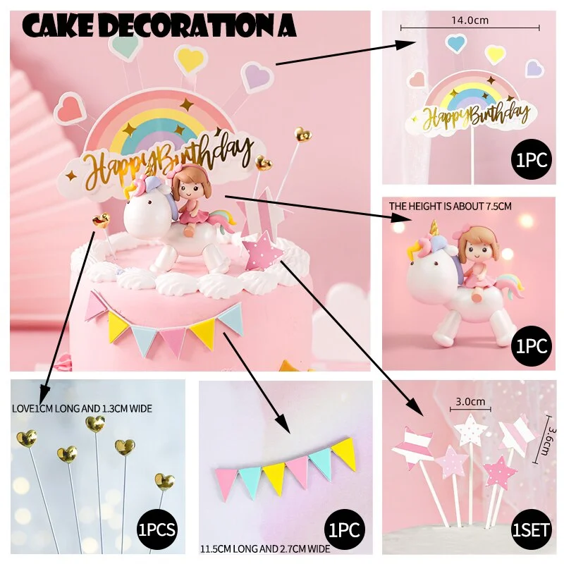 Birthday Cake Decoration Unicorn Girl Doll Decoration Pink Rainbow Five Pointed Star Plug In
