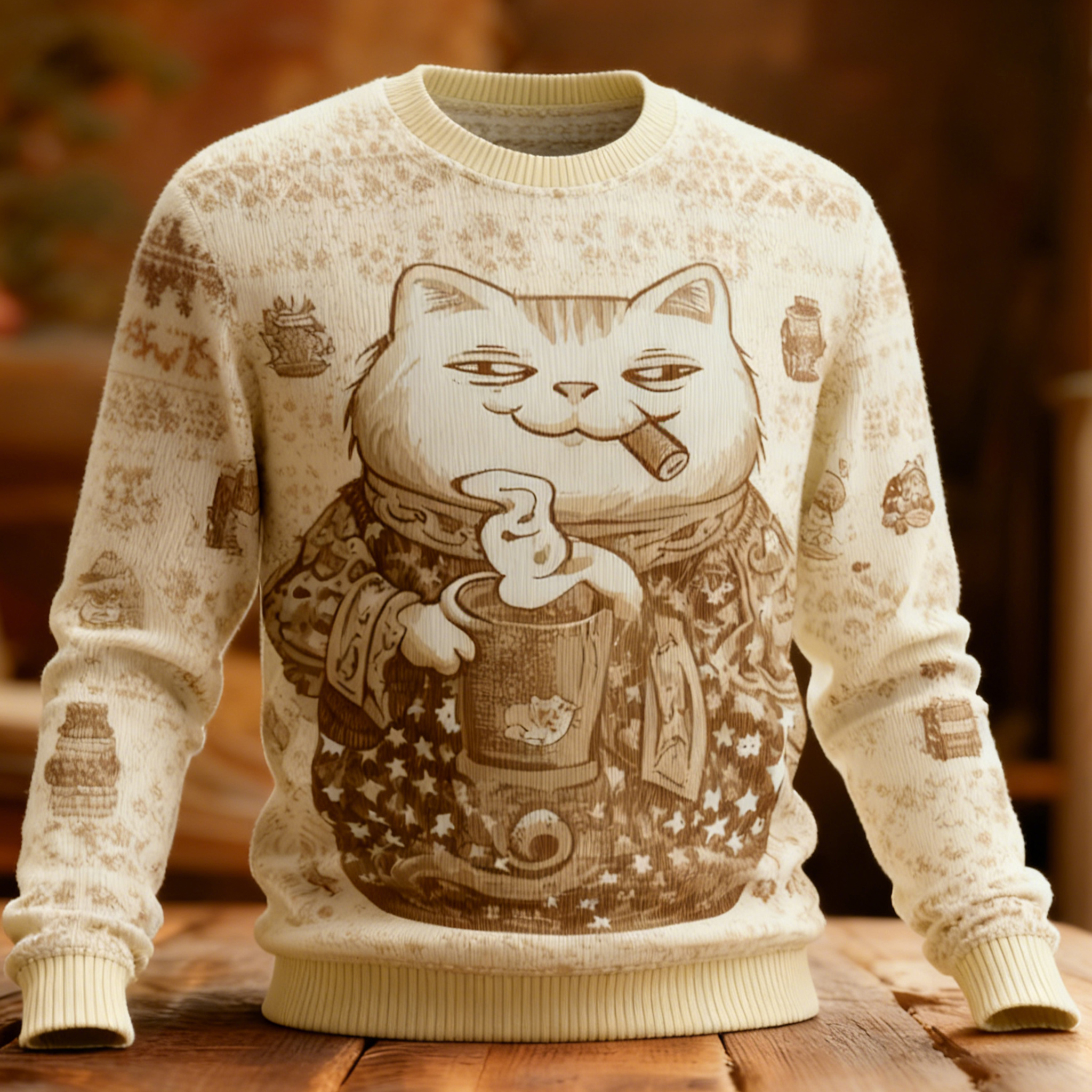 Cute And Quirky Cat Pattern Warm Crew Neck Sweater elevenforest