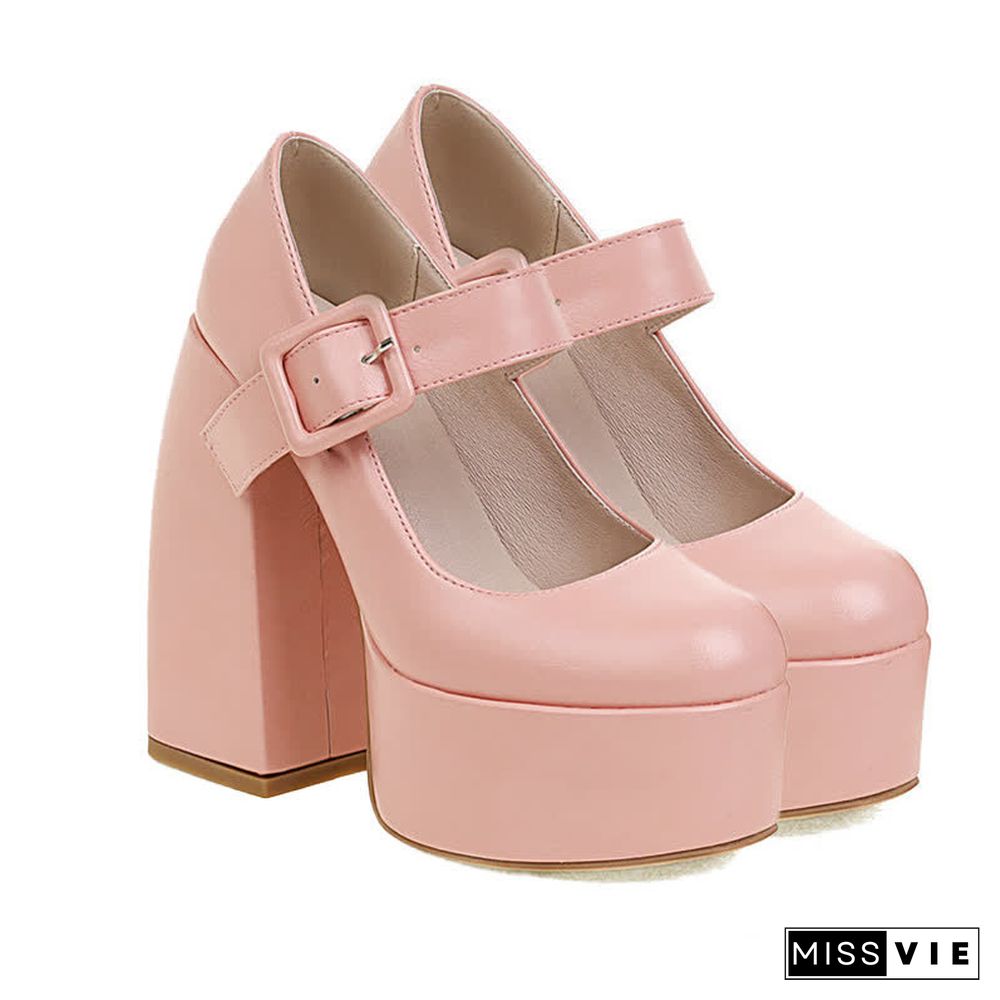 Pure Color Chunk High Heel Mary Janes Shoes