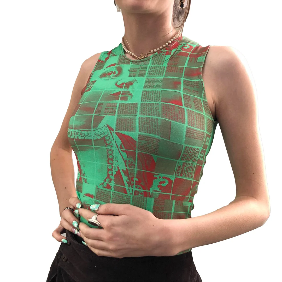 2023 Summer New  Women's Print Vest Sleeveless Round Neck Slim Fit Crop Tops Streetwear Fashion Girl's Cropped Tank Top
