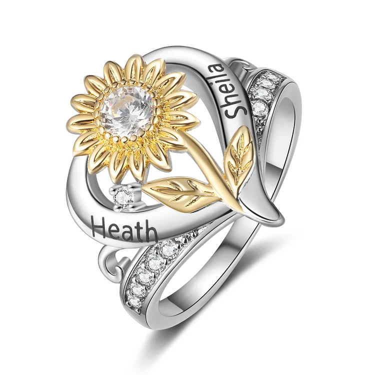 Personalisierter 2 Namen Sonnenblume Ring mit Geburtssteinen