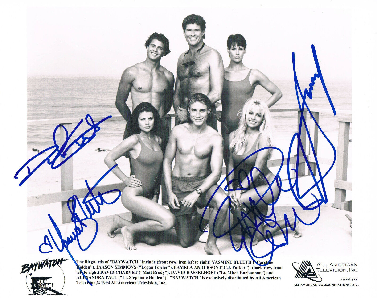 Baywatch Hasselhoff Anderson Bleeth & Charvet genuine autographs 8x10