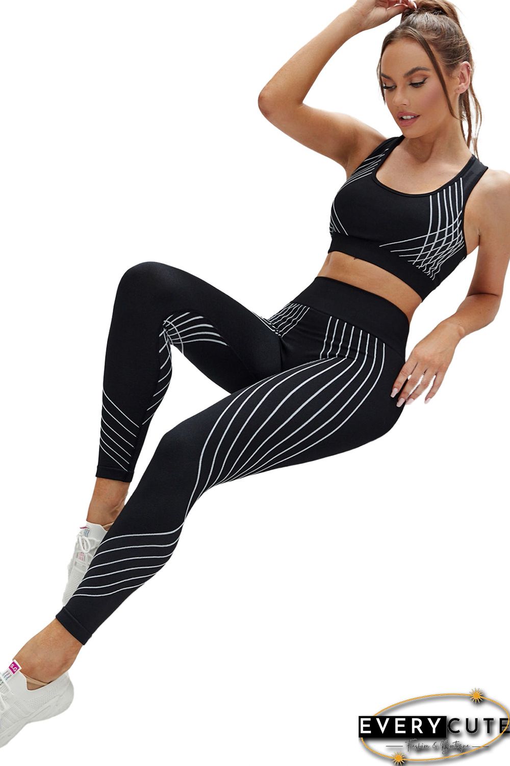 Black Striped Racerback Tank Top and High Waist Pants Active Set