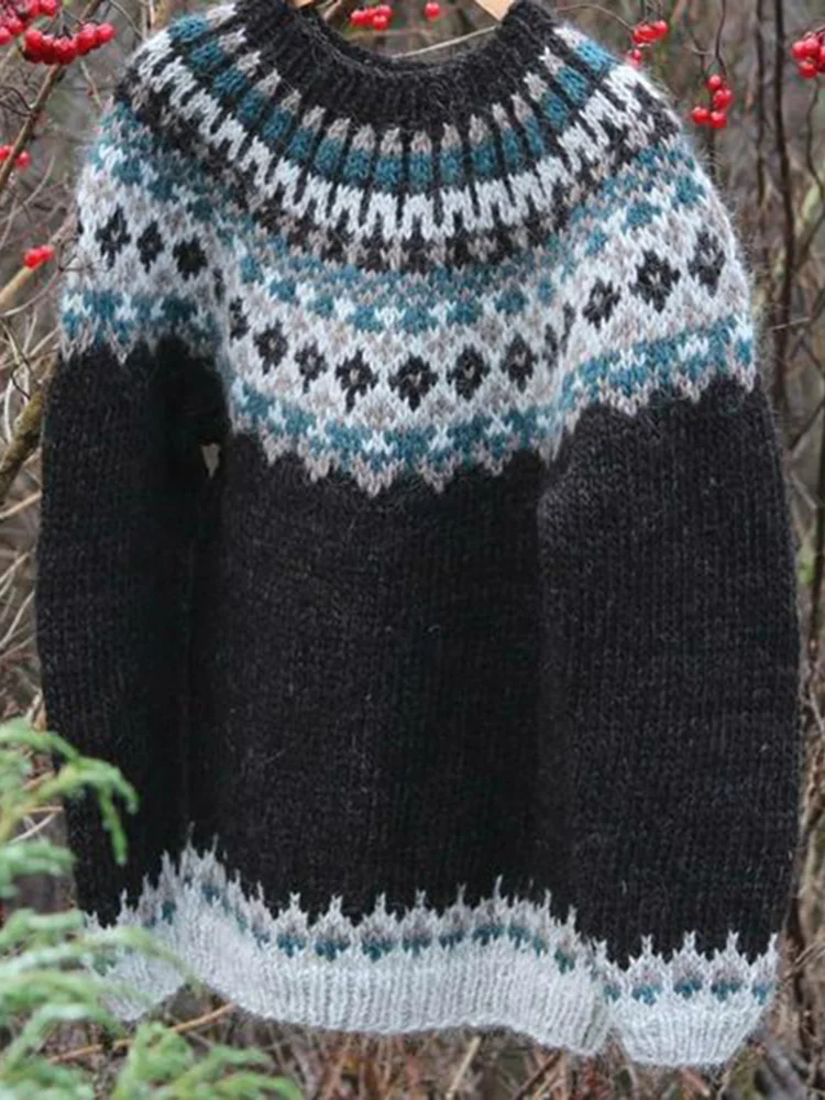 Vintage Warmth Marie Knit Jacquard Icelandic Crew Neck Sweater（Unisex ）