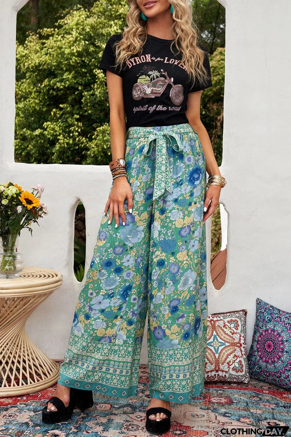 Green Floral Wide Leg Boho Pants