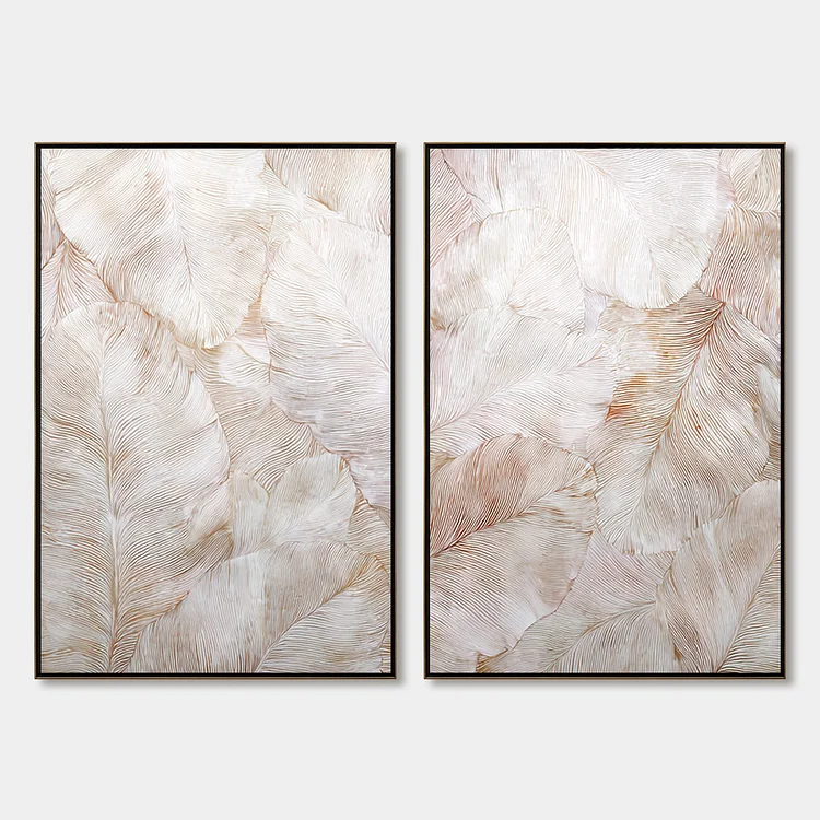 WHISPERING PLUMES: Textured Wabi Sabi Feather Painting Diptych（Canvas painting）