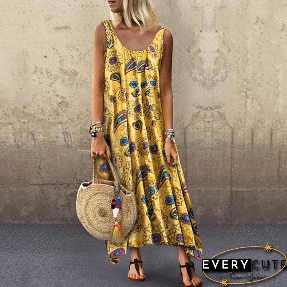 Summer Leisure Vacation Printing Sexy Round Neck Sleeveless Dress