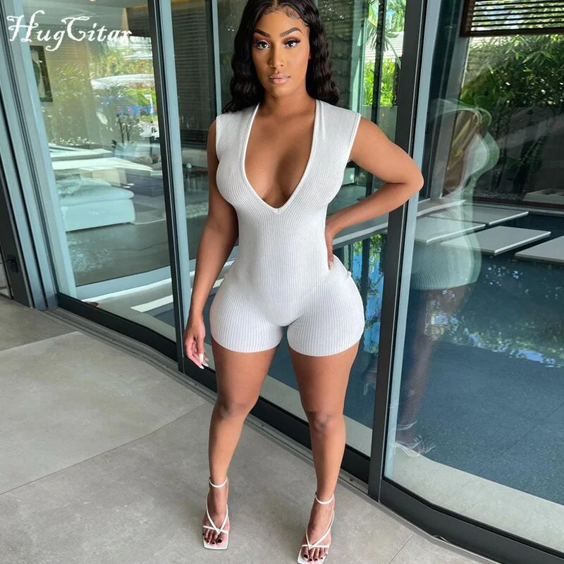 Hugcitar 2021 Sleeveless Deep V Solid Bodycon Ribbed Ruched Sexy Playsuit Summer Women Fashion Streetwear Outfits Romper