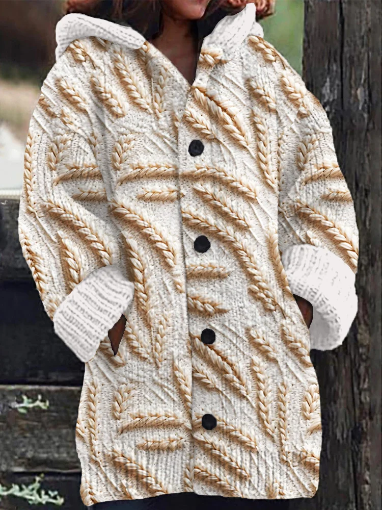 Comstylish Wheat Knit Pattern Cozy Hooded Cardigan