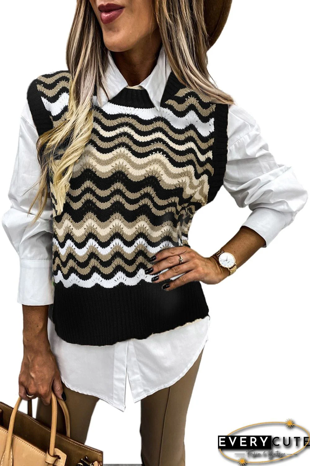 Black Wavy Stripes Knit Vest Pullover Sweater