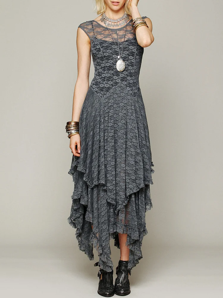 Fashion Plain Short Sleeve Asymmetrical Layered Hem Lace Midi Dress