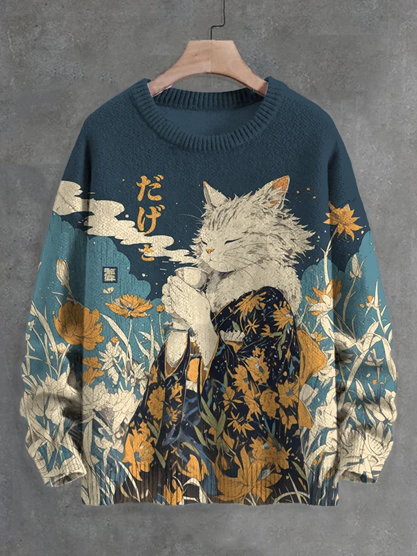 Men's Cat Drinking Tea In Flower Field Japanese Art Print Knit Sweatshirt