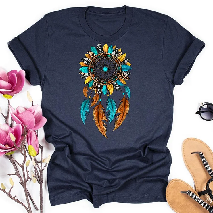 Sunflower Dreamcatcher Round Neck T-shirt-018309