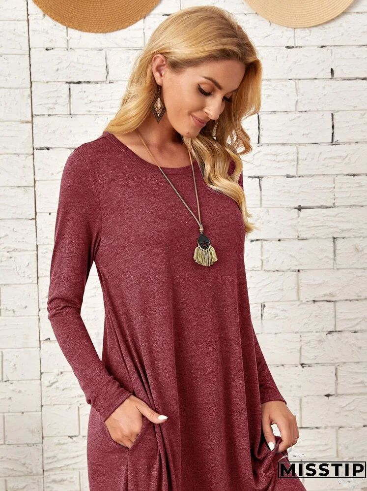 Marled Knit Slant Pockets Curved Hem Dress