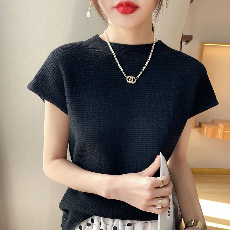 Churchf Churchf T-Shirt Women 2024 Spring Summer New Women's Half Sleeve Loose Show Thin Round Neck Knit Bottom Shirt Jacket Women