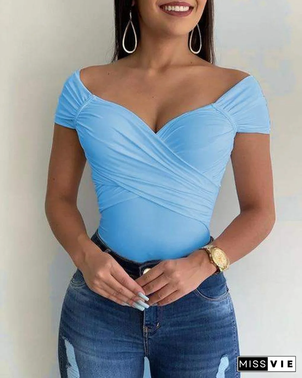 Blouse Women V Neck Shrot Sleeve Shirts Summer Elegant Office Ladies Slim Fit Off Shoulder Solid Color Womens Sexy Tops