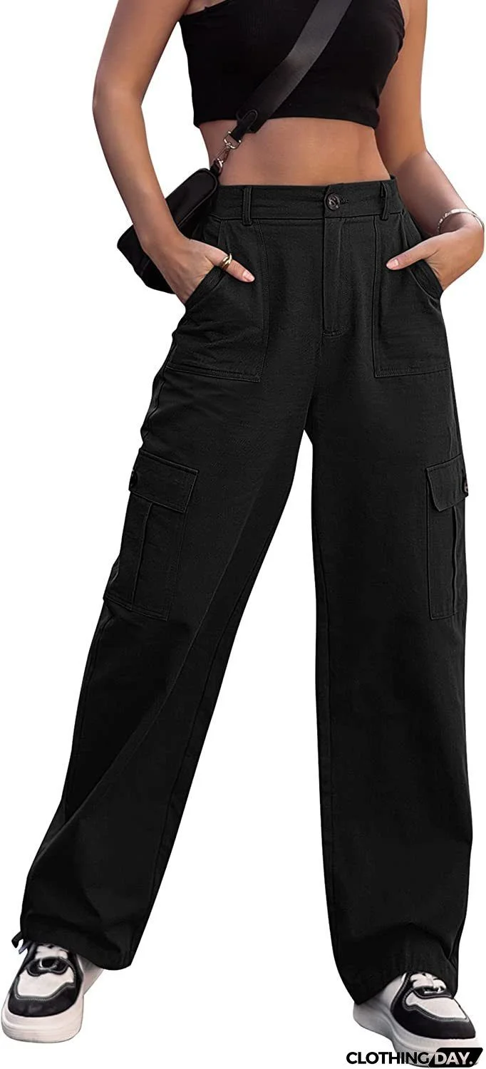 Summer Casual Women Plus Size Button High Waist Wide Leg Cargo Pants