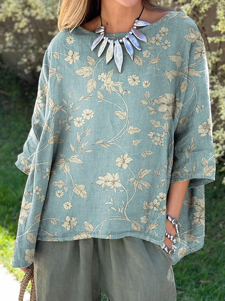 Women's Retro Elegant Floral Art Print Casual Cotton And Linen Shirt