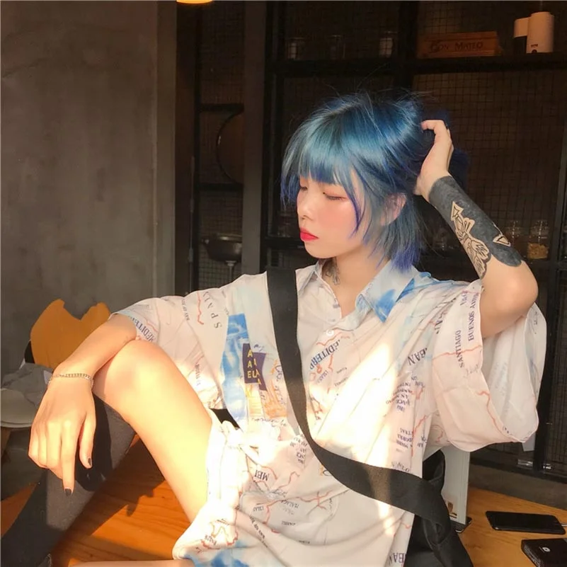 Button Up Shirt Women Summer Harajuku Blouse Short Sleeve Shirt Digtal Print Map Tops Blouses Casual Blusas Camisas Mujer 2021