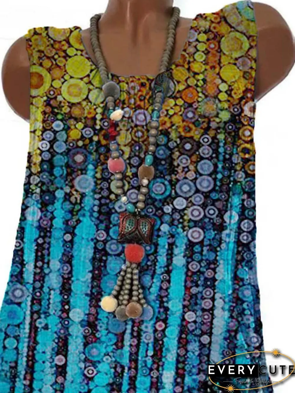 Ombre/Tie-Dye Sleeveless Printed Cotton-blend Crew Neck Casual Summer Blue Top