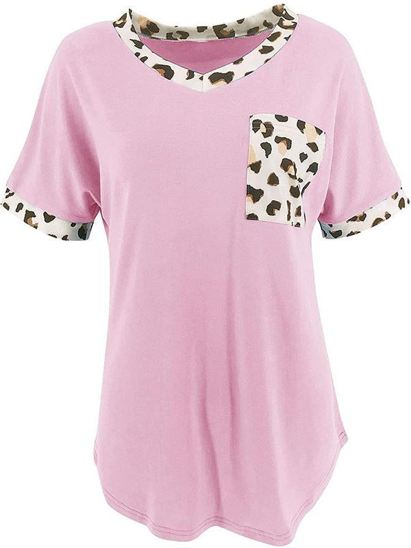 Women Casual Short Sleeve Scoop Neck Leopard Printed Tops With Pockets
