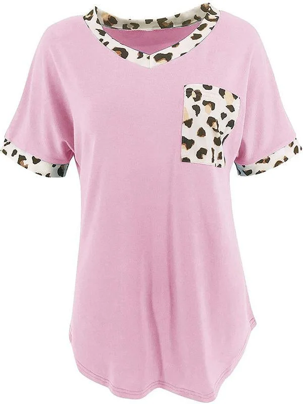 Women Casual Short Sleeve Scoop Neck Leopard Printed Tops With Pockets