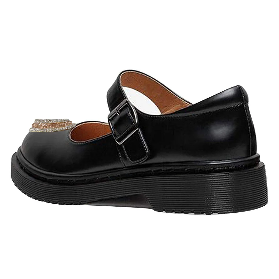 Black Round Toe Rhinestone Embellished Heart Inlay Mary Janes 