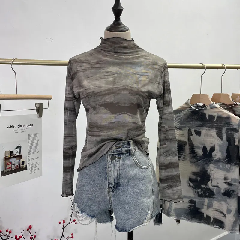 Churchf Real Shooting Wave Side Half-High Collar Net Yarn Dyed Long Sleeve Thin Inside The Bottom Shirt Autumn And Winter Folded T-Shirt 8921
