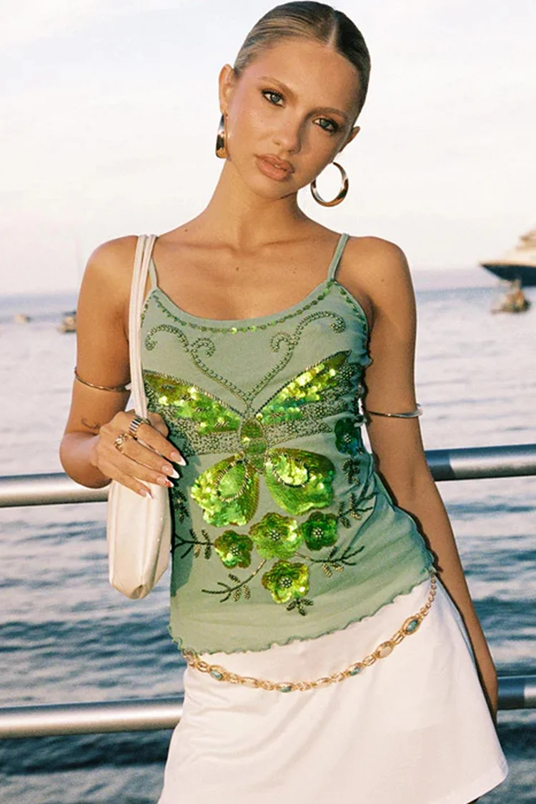 Butterfly Embroidery Sequins Cami-Green