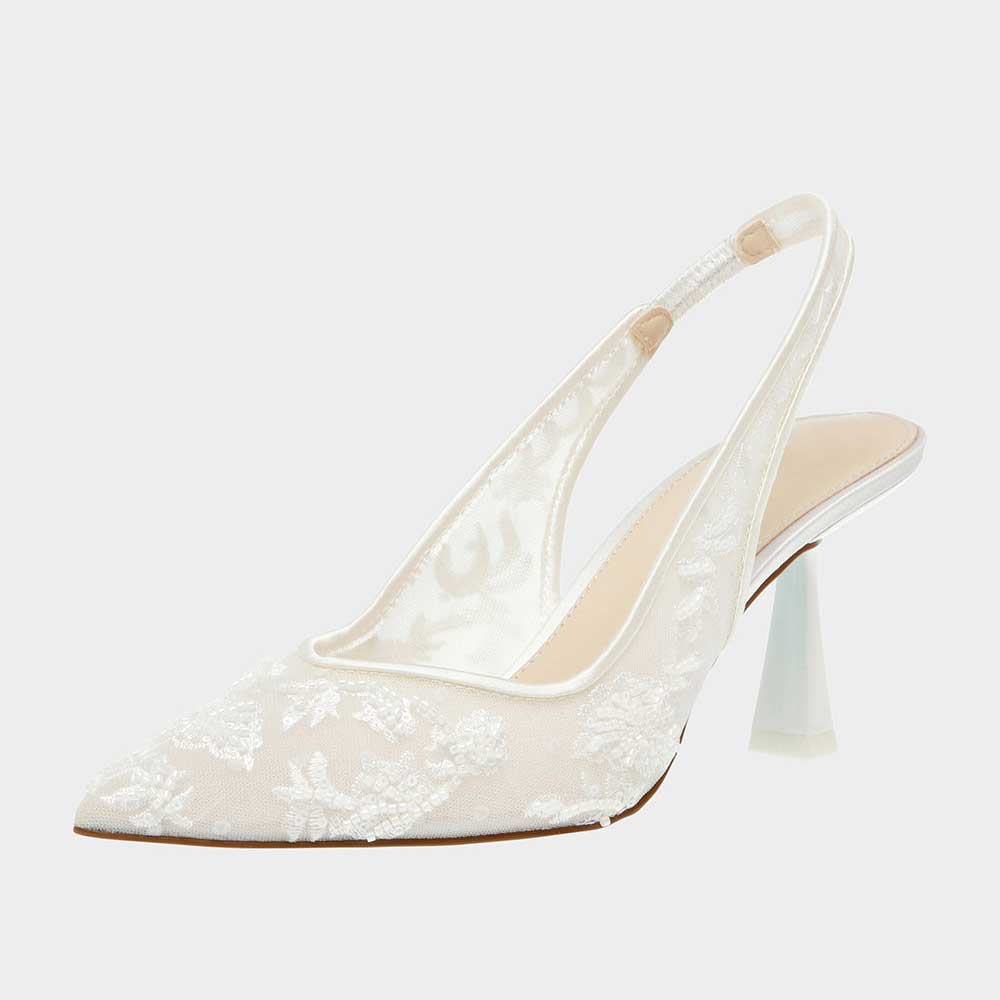White Mesh Flower Beaded Pointed Toe Flared Heel Slingback Pumps Nicepairs