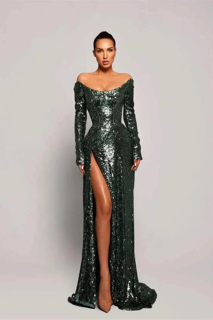 Exquisite Dark Green Strapless Sequins Long Sleeves Long Split Prom Dress with Pleated | MS0619  