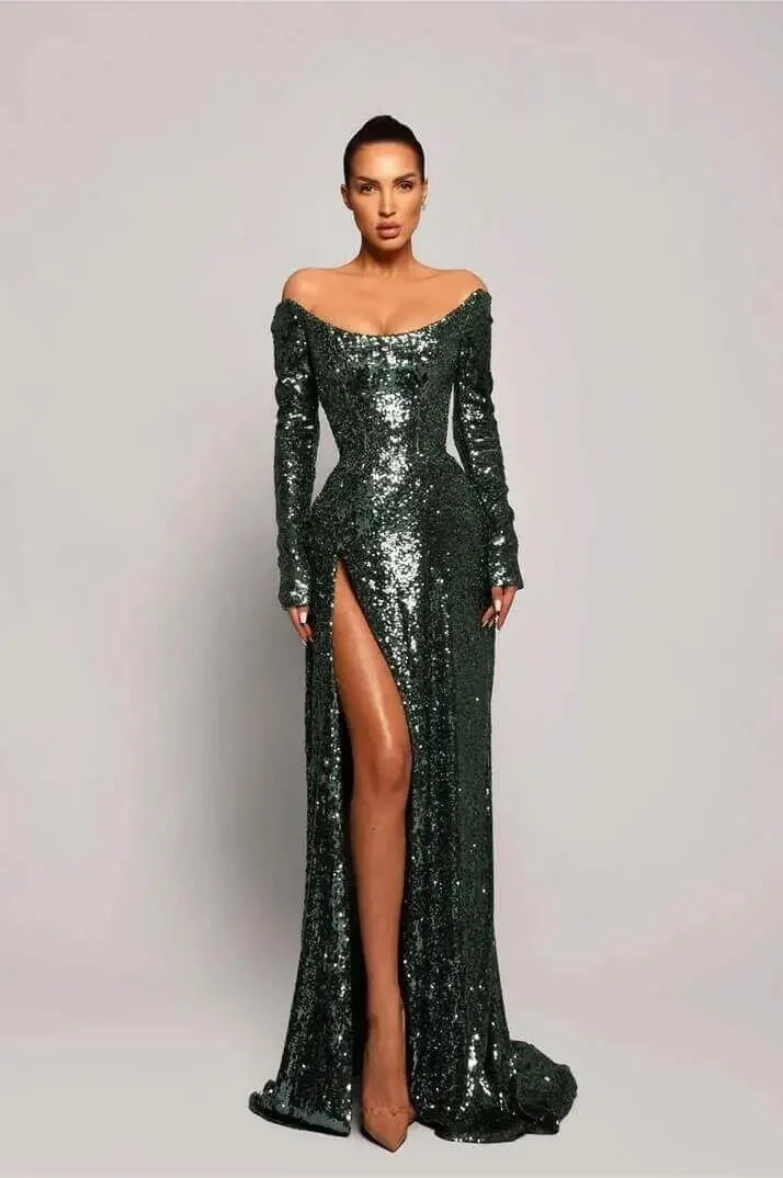 Miabel Exquiste Dark Green Sequins Long Sleeves Strapless Long Split Prom Dress with Pleated