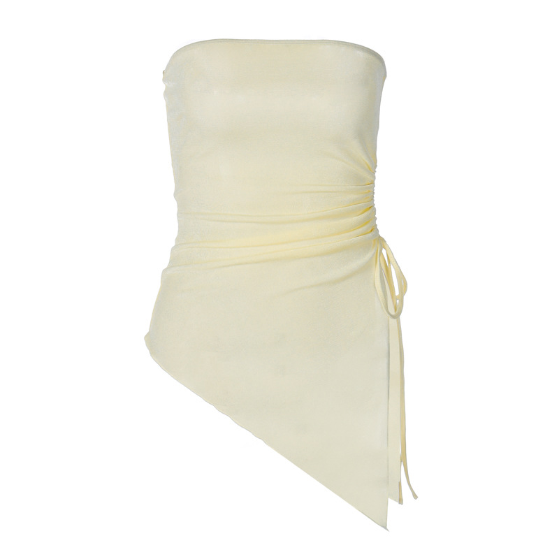 Ootddress Pleated Bandage Tube Tops See-Through Fashion For Women Bandeau Lace-Up Sheer Tank Top Backless Casual Solid Y2k Top Vest