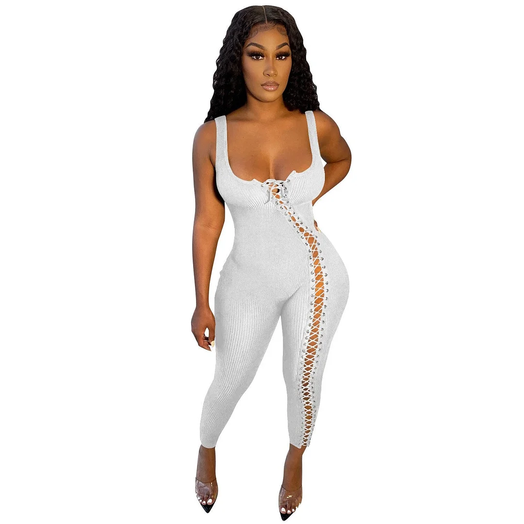 CM.YAYA Women Jumpsuit Solid Sleeveless Squar Collar Bandage Stretchy Bodycon Skinny Jumpsuits Sexy Fashion Outfit Summer 2021