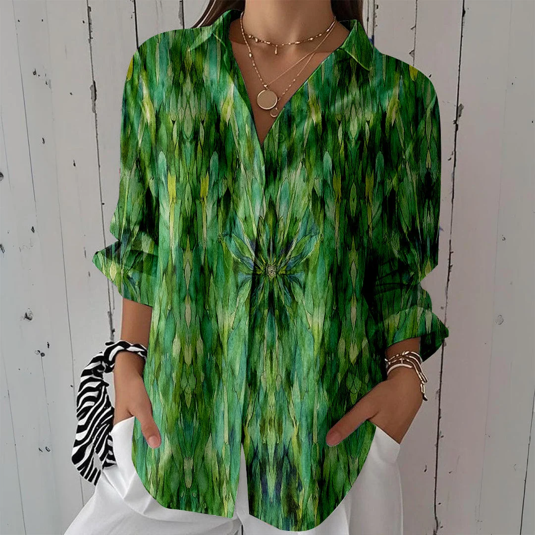 Style & Comfort for Mature Women Women Green, Bohemian DZCL0388 3/4 Sleeve Shirt Collar Printed Button Tops