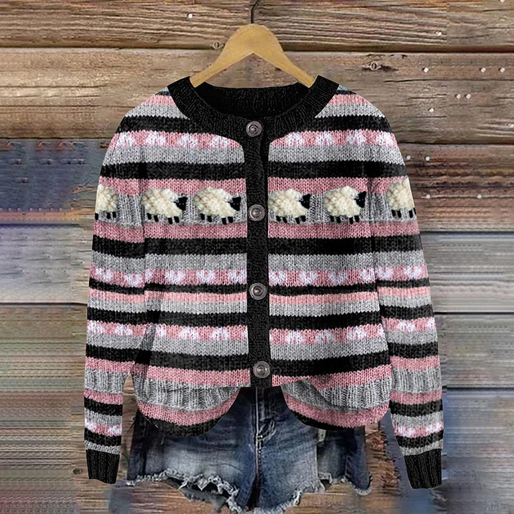 Cute Sheep Striped Wool Felt Art Cozy Knit Cardigan
