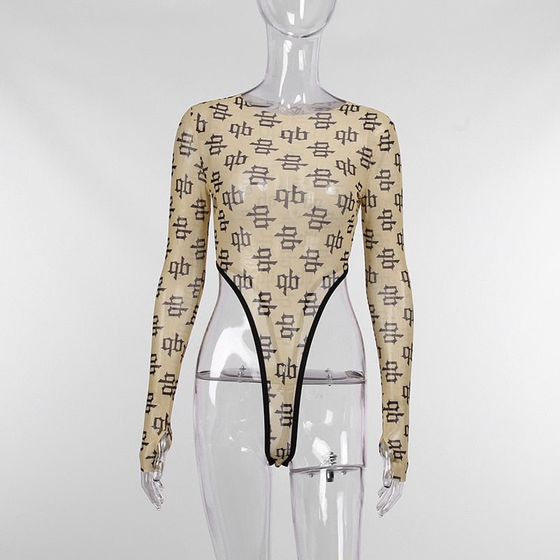 JULISSA MO Fashion Printed Mesh Long Sleeve Bodysuit 2021 Women Autumn Slim Rompers One-piece Pants Femme Sexy Bodysuit Clubwear