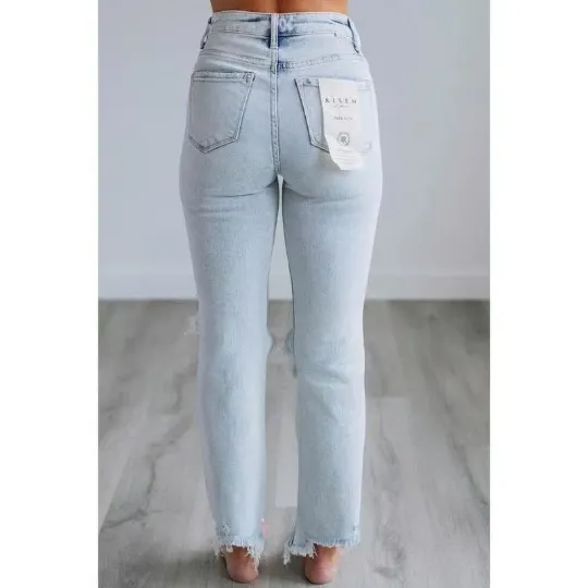 Womens High Waist Distressed Boyfriend Jeans Ripped Knee Cropped Denim Pants with Frayed