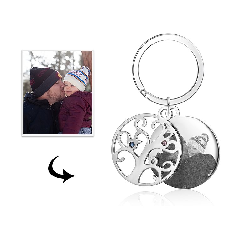 Personalized Photo Keychain With 2 Birthstone Carved Family Tree Keychains