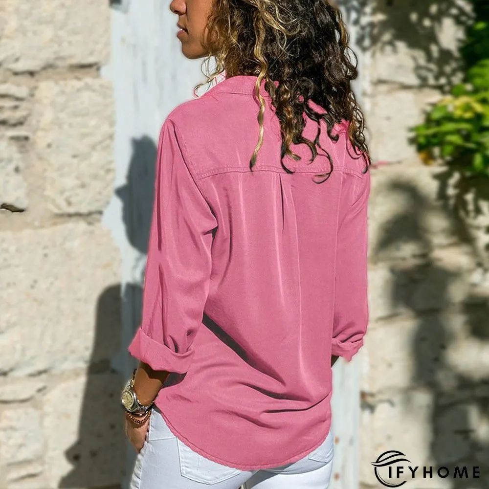 Women Fashion Turn Down Collar Solid  V Neck Long Sleeve Blouse | IFYHOME