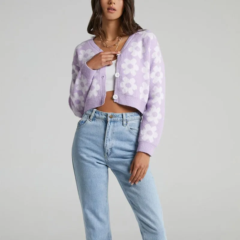 Spring and autumn women's casual flower pattern V-neck long-sleeved short cardigan sweater