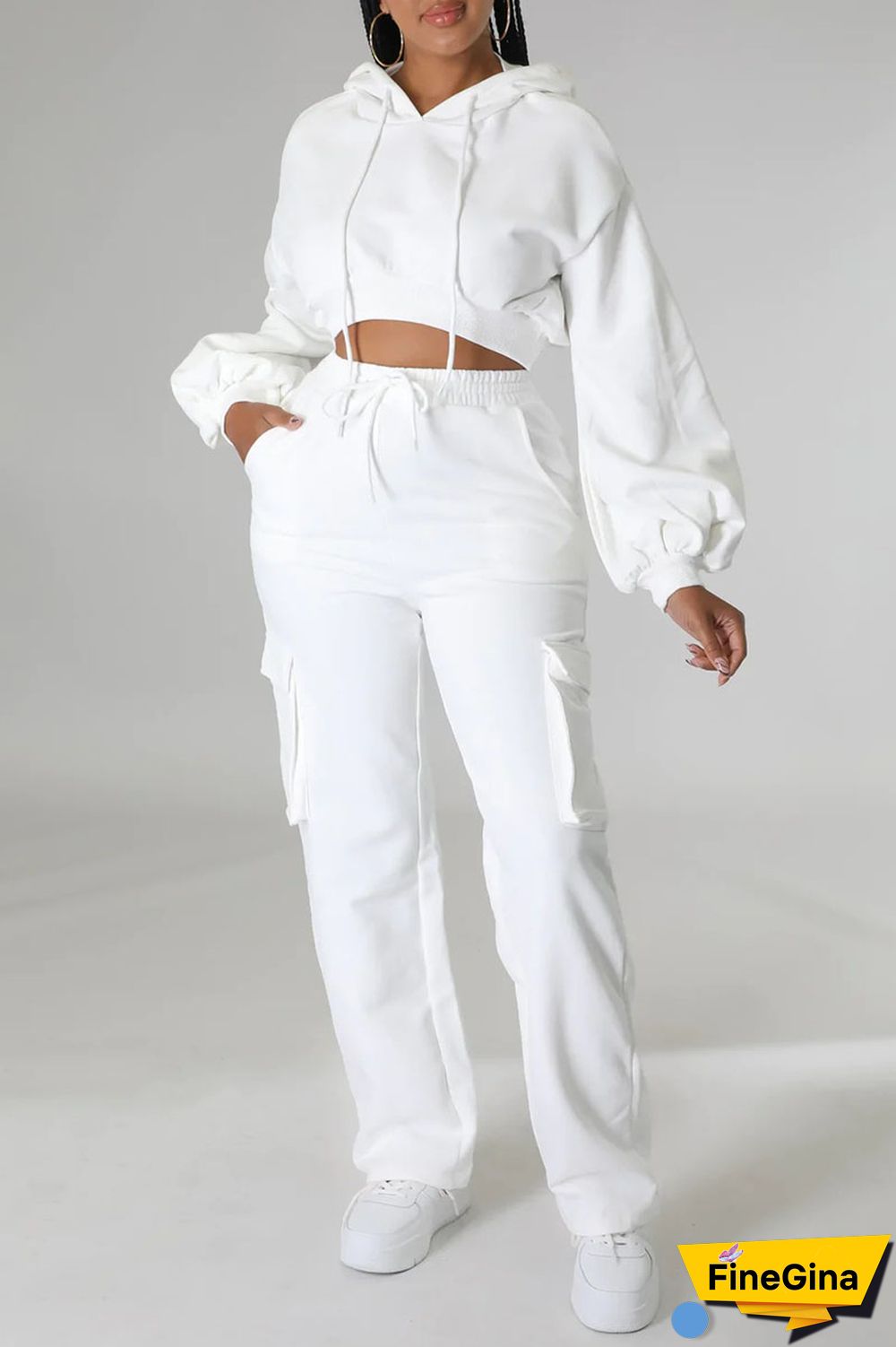 White Casual Solid Patchwork Hooded Collar Long Sleeve Two Pieces