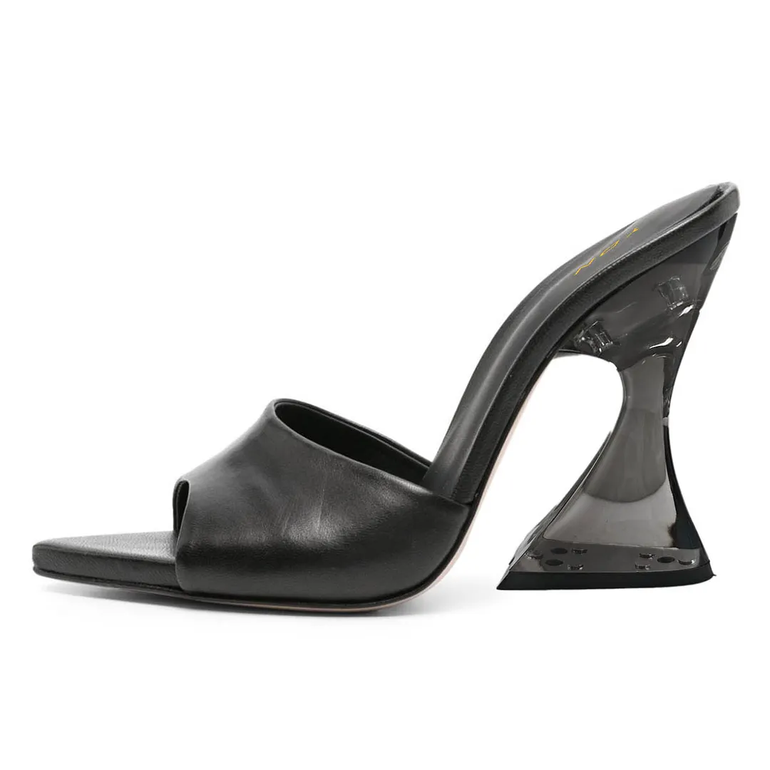 Vegan Leather Clear Flared Heel Classic Slip-On Sandals in Black
