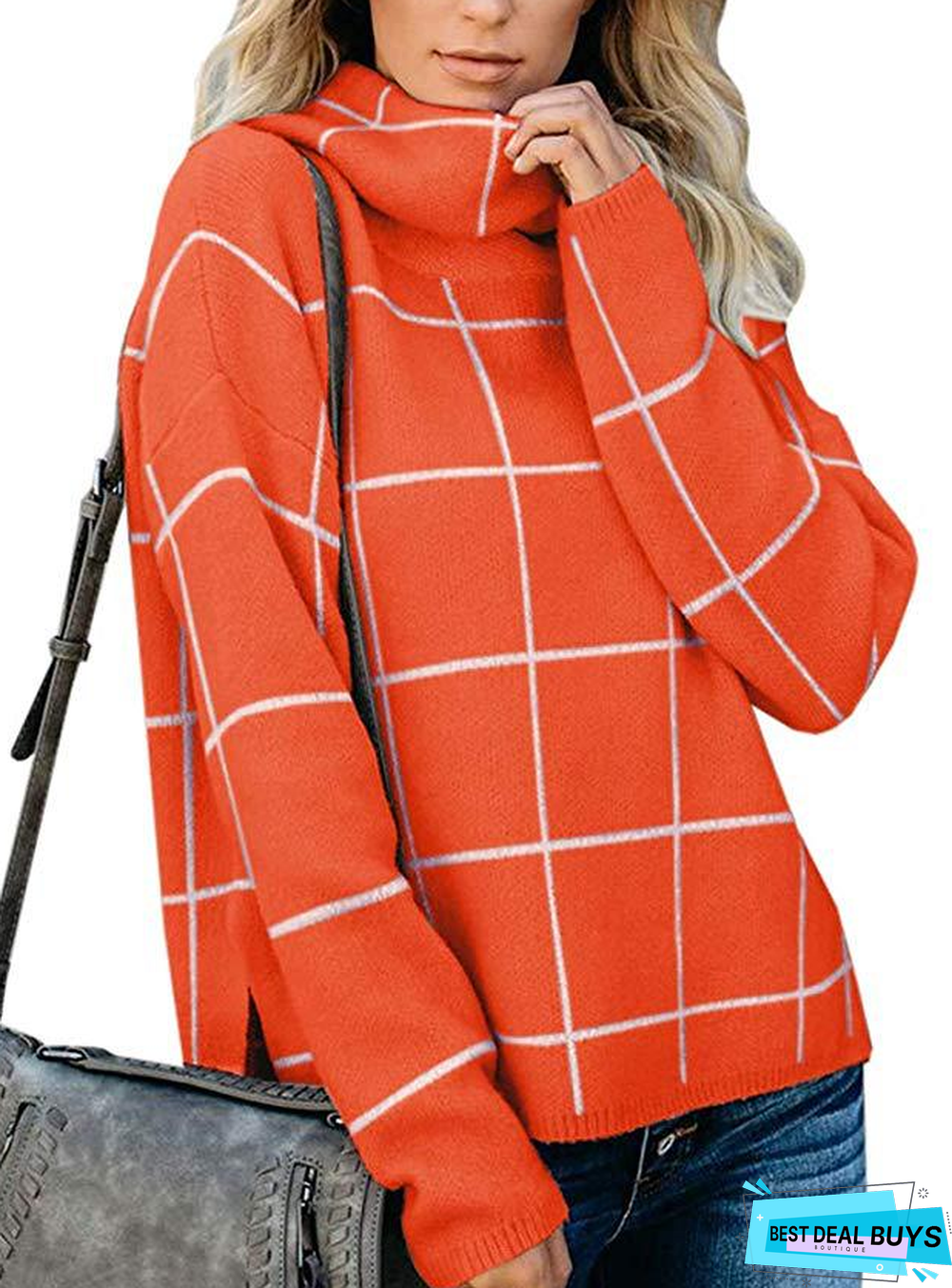 Plaid Sweater Pullover Turtleneck Pullover Checked Sweater