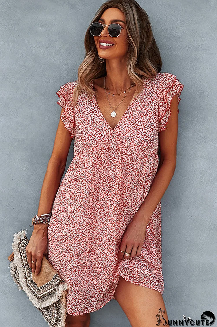 Ruffled Flower Print V Neck Cusual Dress