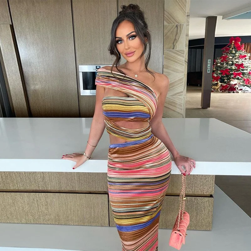 huibahe Striped Bodycon Maxi Dress Women Sexy One Shoulder Strapless Slim Summer Club Party Dresses Beachwear