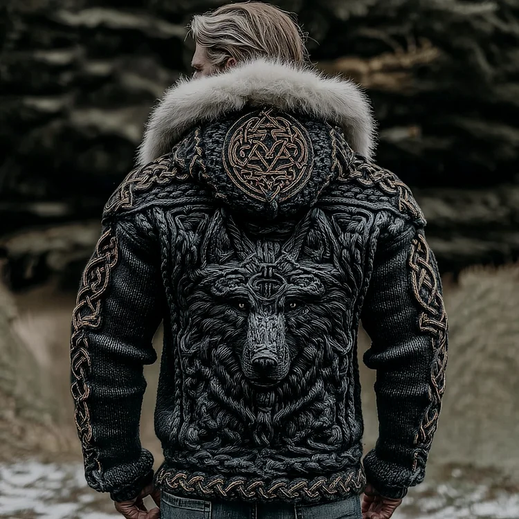 Men's Viking Wolf Celtic Knot Knit Fuzzy Hooded Zipper Cardigan