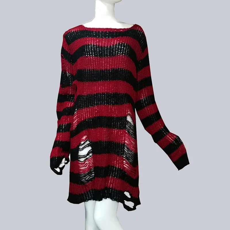 Plus Size Punk Gothic Long Unisex Sweater Dress Women Man Striped Cool Hollow Out Hole Broken Jumper Loose Rock Thin Sweter 2021